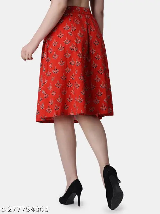 Red cotton flared skirt, ethnic motif print, Popwings Bagru design for parties and events