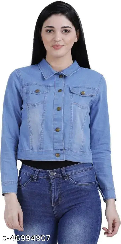 Blue denim jacket & waistcoat for women, trendy solid-colored design with long sleeves