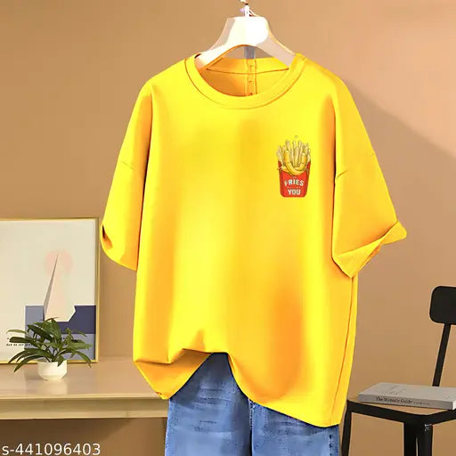 Yellow short-sleeved T-shirt with French fries graphic on front