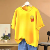 Yellow short-sleeved T-shirt with French fries graphic on front
