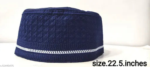 Blue cotton Islamic cap (Namaz Topi), solid pattern, comfortable, authentic design, washable, beautiful cross-line texture. Original condition, perfect for men's prayer (salat). Made in India