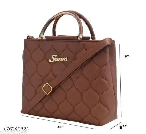 Brown handlebag with Susen branding, shoulder strap, two exterior pockets