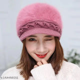 Fashionable winter wool beanie cap. Soft pink fur lining inside. Visor style design for women's fashion