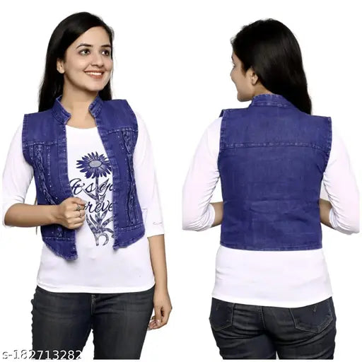 Stylish blue denim look vest, sleeveless, white print