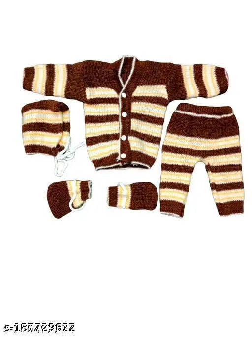 Wool striped baby winter set (sweater, pyjama, cap, booties), warm and soft for boys and girls aged 0-4 months