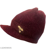 A maroon wool winter hat, with a yellow emblem on the left side, displayed against a white background