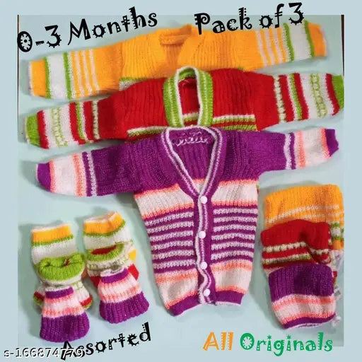 Assorted wool winter sweater pajama set with cap booties for 0-3 months babies (originals), adorable self-design net pattern