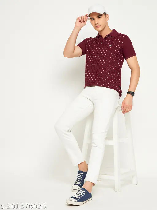 Maroon all-over printed cotton polo t-shirt for men, half sleeves, made in India