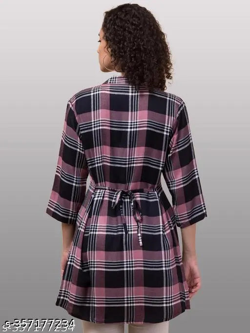 Black checkered cotton tunic by Inuka by Hive91, three-quarter sleeves, mandarin collar, V-neck, button front closure - women's casual wear