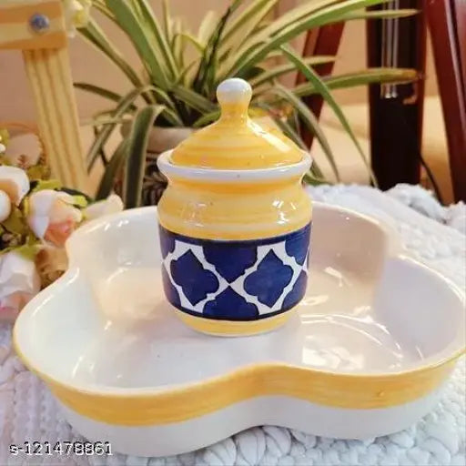 Yellow ceramic multipurpose storage jar set of 4, each with lid, tray design, ceramic material
