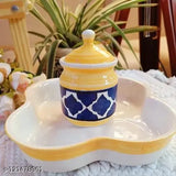 Yellow ceramic multipurpose storage jar set of 4, each with lid, tray design, ceramic material