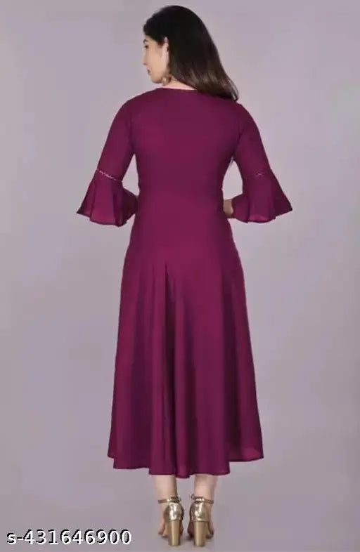 Purple rayon anar kali kurti, traditional Indian women's maxi dress with short sleeves, available in sizes S-XXL
