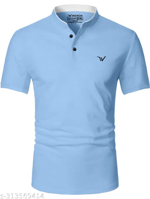 Mens casual wear polycotton Chinese collar t-shirt with short sleeves and printed pattern, size M (38in chest, 27in length)