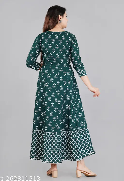 Mirror work rayon anarkali kurti, traditional Indian three-quarter sleeve dress with printed combo pattern