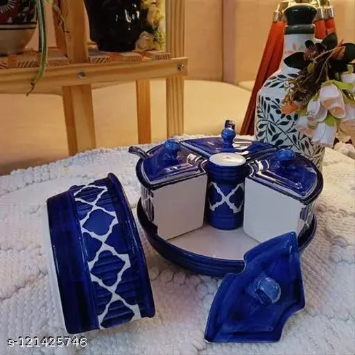 Blue ceramic handpainted multipurpose storage set, includes containers, lid, spoons, and salt dispenser tray, 400 mL