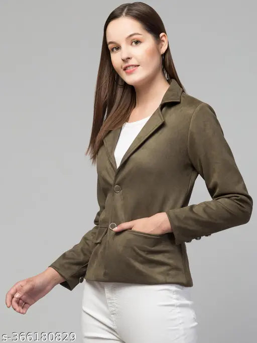 Classic essential linen suede blazer, polyester fabric, long sleeves, solid pattern, casual wear, comfortable fit, India origin