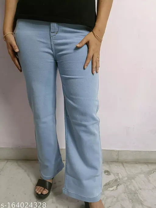 Sky blue denim women's straight fit jeans, comfortable and breathable
