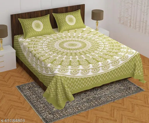 White Jaipuri-patterned double cotton bedsheets & pillow covers, 160 thread count, ideal for adult beds