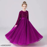 Pink net and sequin full-length gown dress with long sleeves, embroidered pattern, perfect for kids' occasions aged 5-16 years. Made in India
