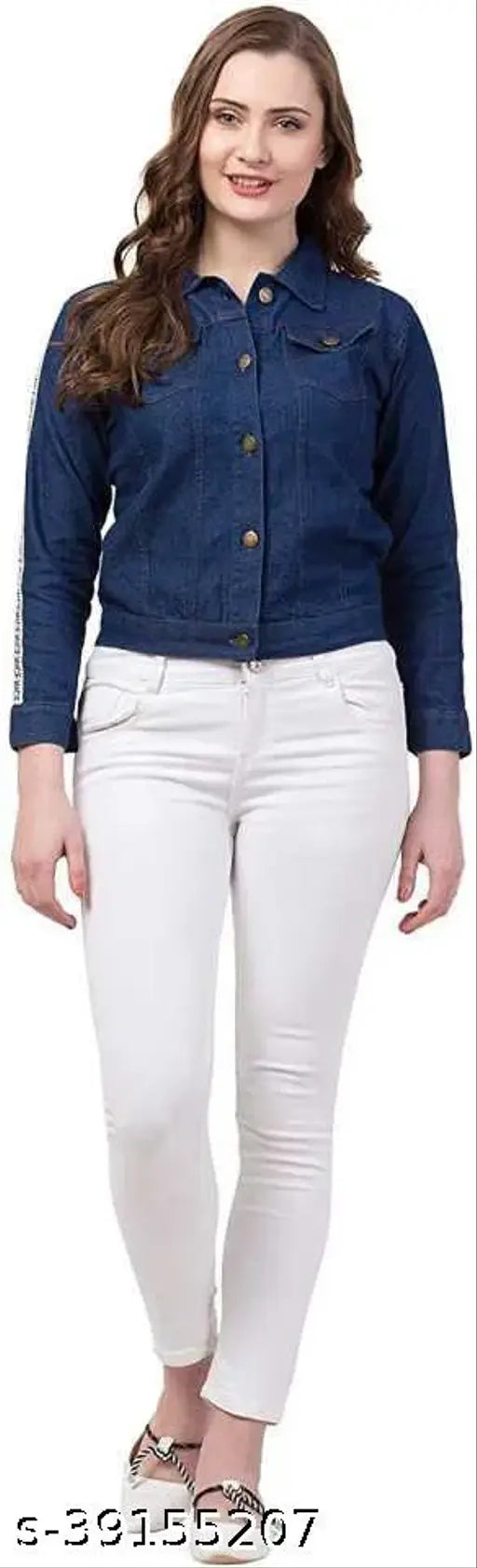 XXL women's denim jacket, cotton fabric, closure button, sophisticated look. Add to your wardrobe for a cool style." (87 characters)