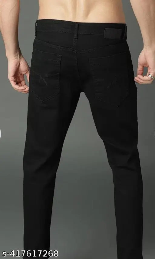 Men's cotton blend mid-rise black jeans, modern slim fit with washed pattern. Sizes: 28, 30, 32 (Waist: 28in/30in/32in, Length: 40in, Hip: 35in/37in/39in). India origin