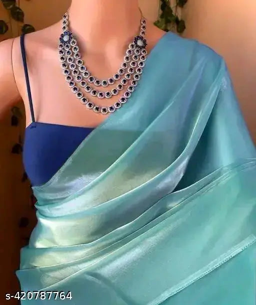 Blue satin saree with silver border