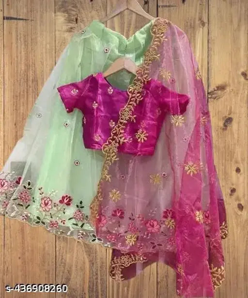 Embroidered net Kids Lehenga Choli set, Indian girls party wear, printed kids choli with belt