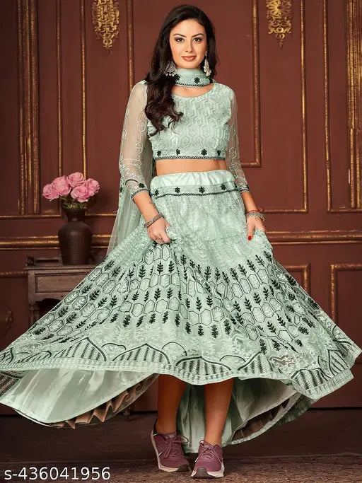 Banarasi embroidery lehenga choli set, free size up to 2XL with unstitched blouse and dupatta, net fabric