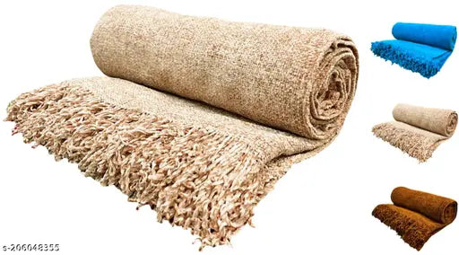 Beige chenille net checkered throw, high-quality yarn, 140 x 170 cm for sofa or picnic use. Real tassel design, dry clean or wash gently by hand. Made in India