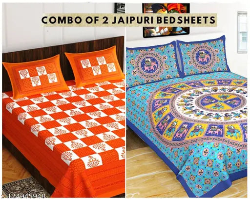 Botanical-print cotton fine sheets set, includes 2 double bedsheets & 4 pillow covers - Summer ready from Jaipuri, India