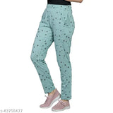Akrons fashionable womens' printed pants, blue background, pink print