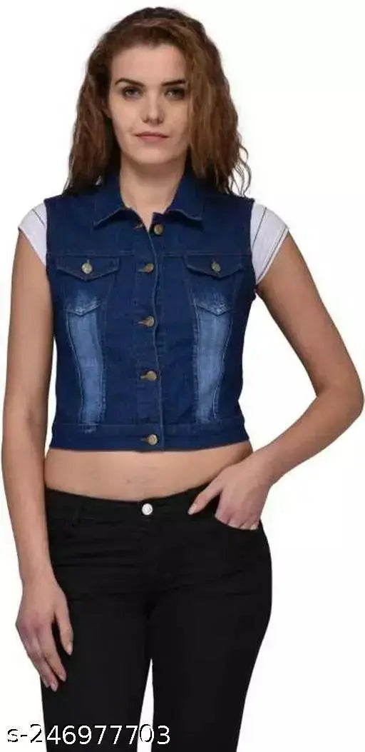 Denim sleeveless jacket for women, stylish and comfortable, solid pattern in size S-XL