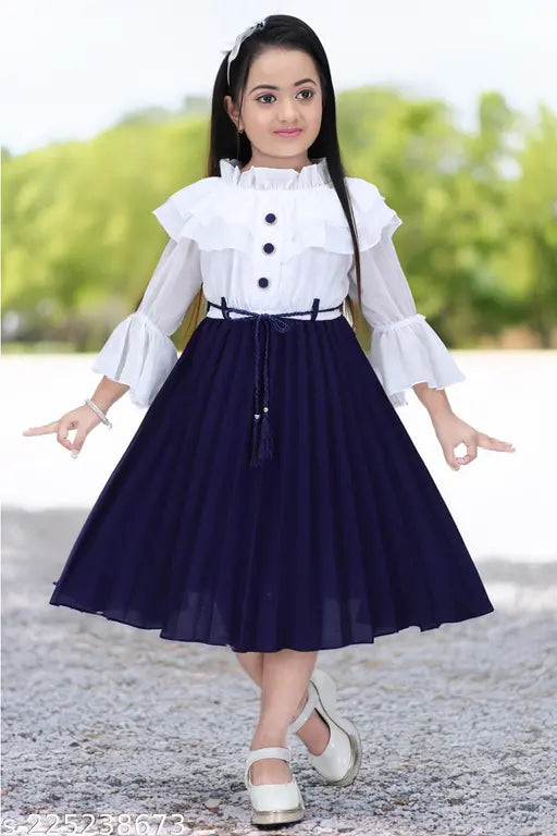 Blue lace dress with ruffle sleeves, knee length