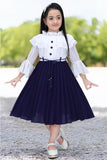 Blue lace dress with ruffle sleeves, knee length