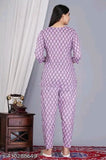 Purple cotton printed night suit top and pyjama co-ord set for women and girls, featuring three-quarter sleeves on a vibrant patterned design