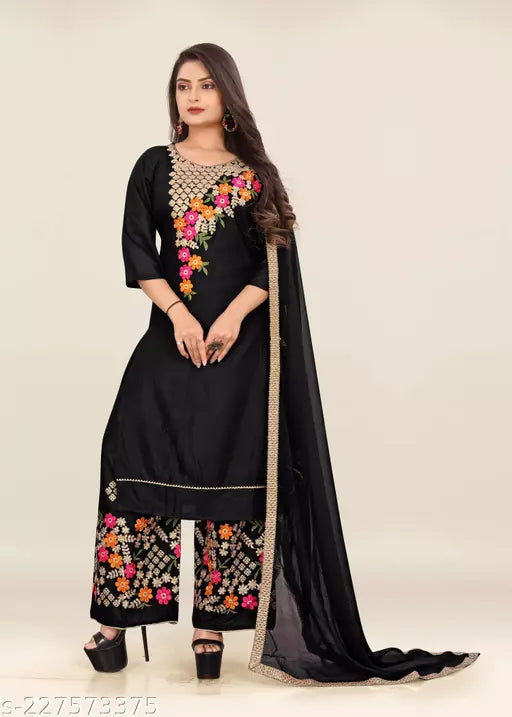 Black embroidered rayon kurta set with palazzos and dupatta for women and girls, India-made fashion for all sizes (S-XXXL)