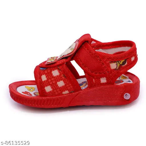 Red children's sandals with character designs, casual style