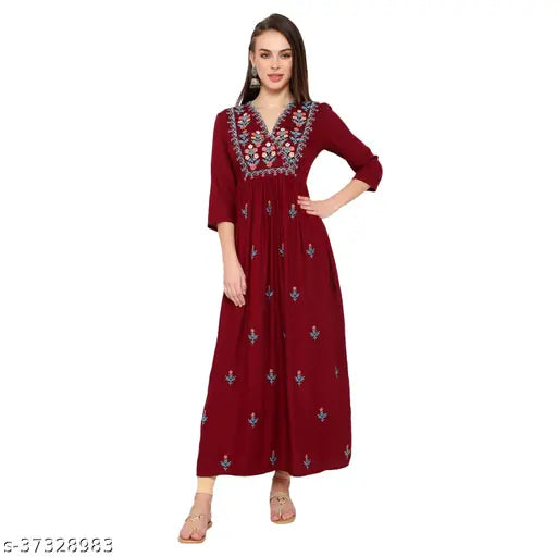 Maroon embroidered women's straight kurta with long sleeves and embroidered detailing