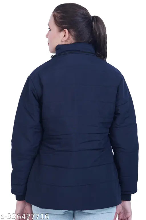Women's solid nylon winter huddie jacket by Lily Buds, navy blue color, long sleeves, size S (bust 36in, length 28in)