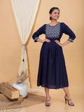 Navy Blue Pure Rayon Embroidered Anarkali Kurta for Casual Wear, rayon three-quarter sleeves, Indian fashion