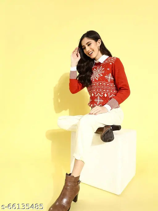 Red polycotton Urbane Ravishing women's sweater with Christmas print, long sleeves and round neck, size S