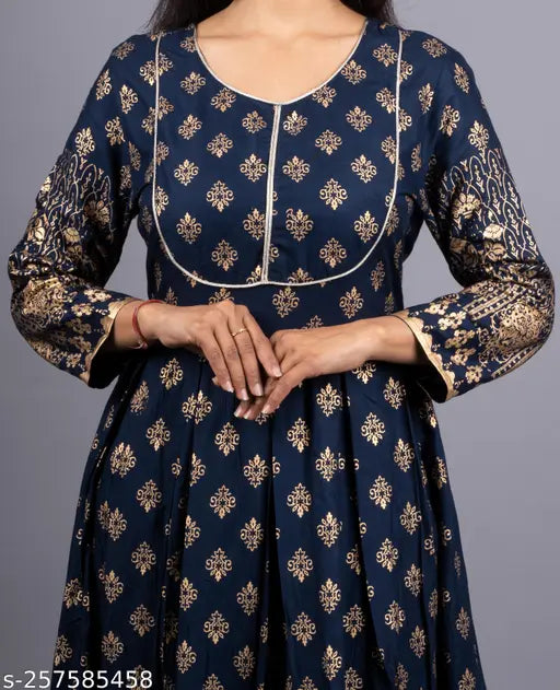 Blue Rayon Anarkali Long Kurta with Zari Print and 3/4th sleeves, ideal for casual occasions or gifting