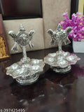 Tirupati Balaji Panch Mukhi Silver Diya set with Shanku stand, traditional Indian table diya for home decor
