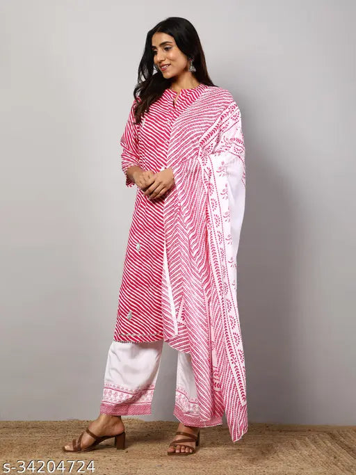 Fabulous cotton women's kurta set with printed net palazzos and dupatta, three-quarter sleeves - Indian traditional outfit