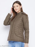 Olive polyester women's parka jacket, full sleeve, solid design, quilted with polyfill and detachable faux fur hood, India-made winter wear