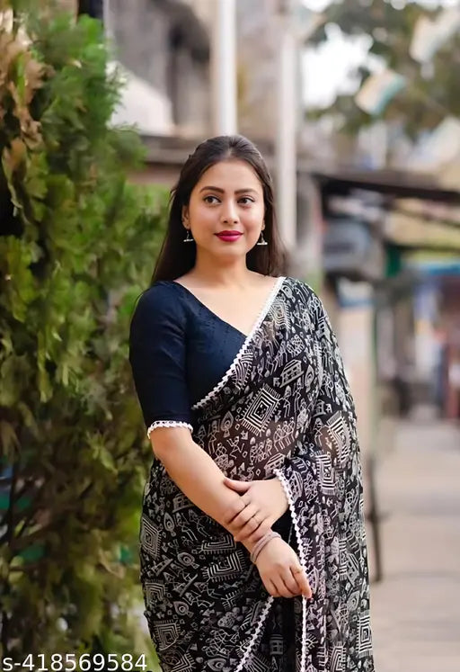 Georgette print saree with cotton lace, full length
