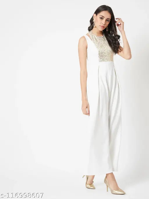 White polyester halter neck jumpsuit by Miss Chase, sequin yoke, off white with pleated panels, women's size XS-XL