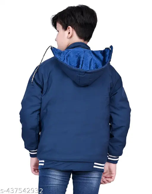 Navy blue hooded jacket with striped trim, 2 pockets