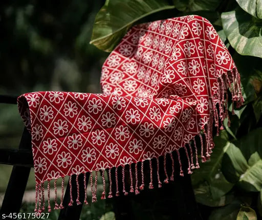 Red Floral Jacquard Cotton Throw, elegant floral pattern on border, reversible design