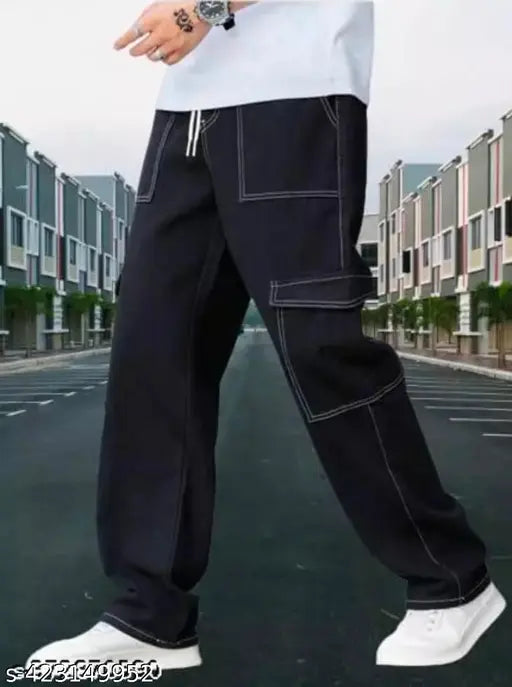 Stylish, trendy denim cargo jeans for men and women (6 pockets, abstract pattern), made in India